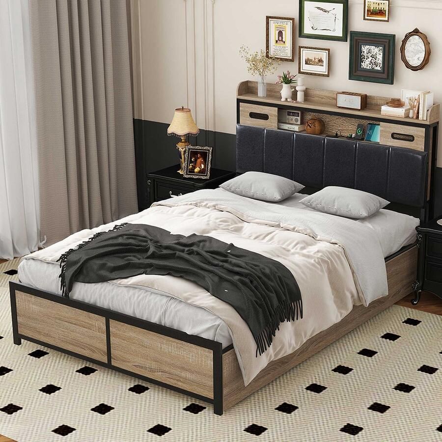 KOMHTOM Bed Tweepersoonsbed met laden 140x200 cm Metalen bed voor tieners met USB-poort Eik Zwart