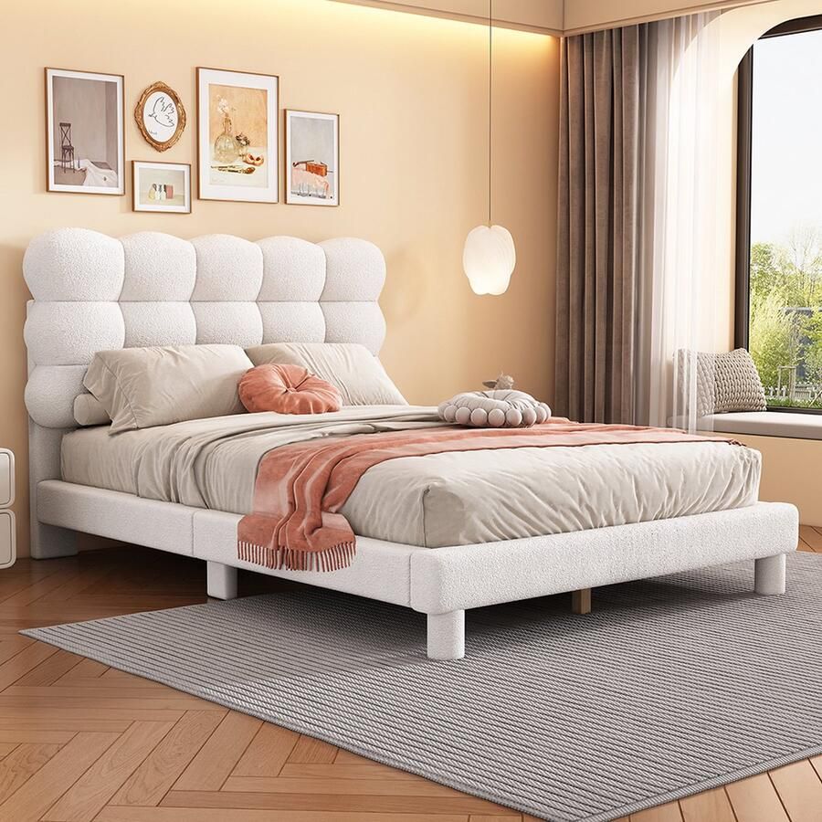 KOMHTOM Bed Tweepersoonsbedden 140x200 cm Volwassen bed Gestoffeerd Drievoudig verstelbaar hoofdbord wit