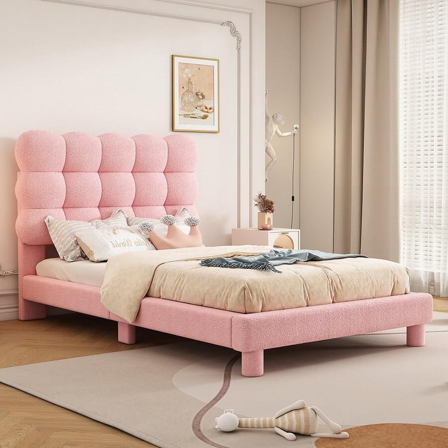 KOMHTOM Bed Tweepersoonsbedden 140x200 cm Volwassen bed Gestoffeerd Drievoudig verstelbaar hoofdbord roze