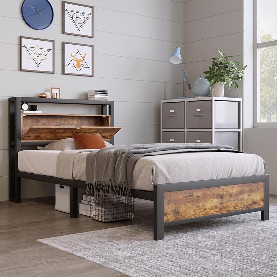 KOMHTOM Bed volwassene 90x200 cm Eenpersoonsbed met opbergruimte Hoofdbord en metalen bodem Zwart