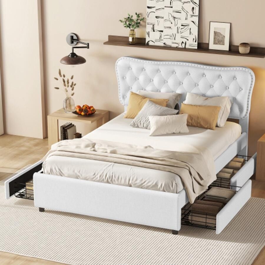 KOMHTOM Bed volwassenen 140x200 cm Gestoffeerd Tweepersoonsbed met bed op wieltjes en twee laden Linnen Wit