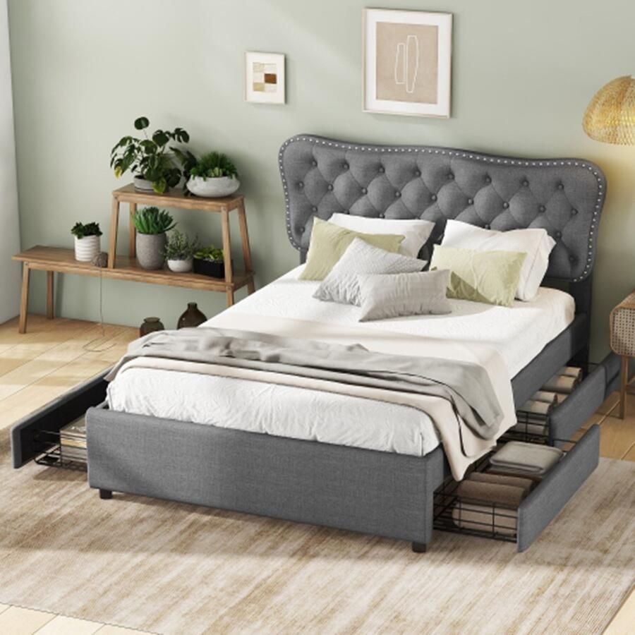 KOMHTOM Bed volwassenen 140x200 cm Gestoffeerd Tweepersoonsbed met bed op wieltjes en twee laden Linnen Beige