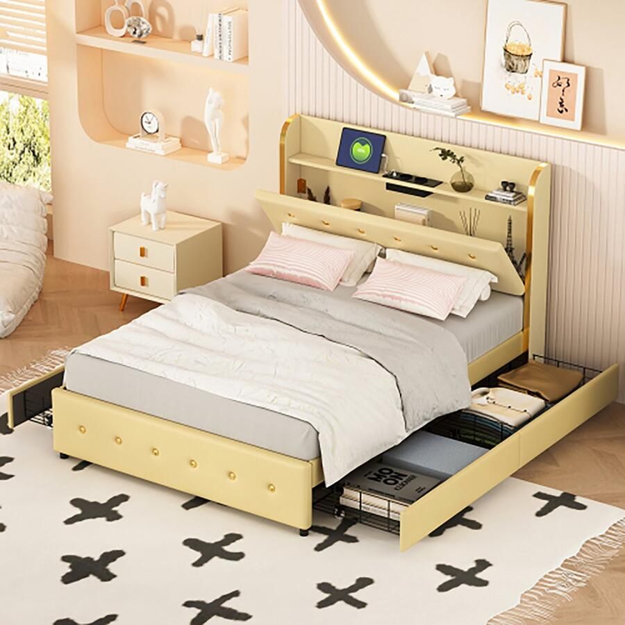 KOMHTOM Bed volwassenen Tweepersoonsbed 140x200 cm hoofdeinde met USB-poort tienerbed met lattenbodem en laden beige