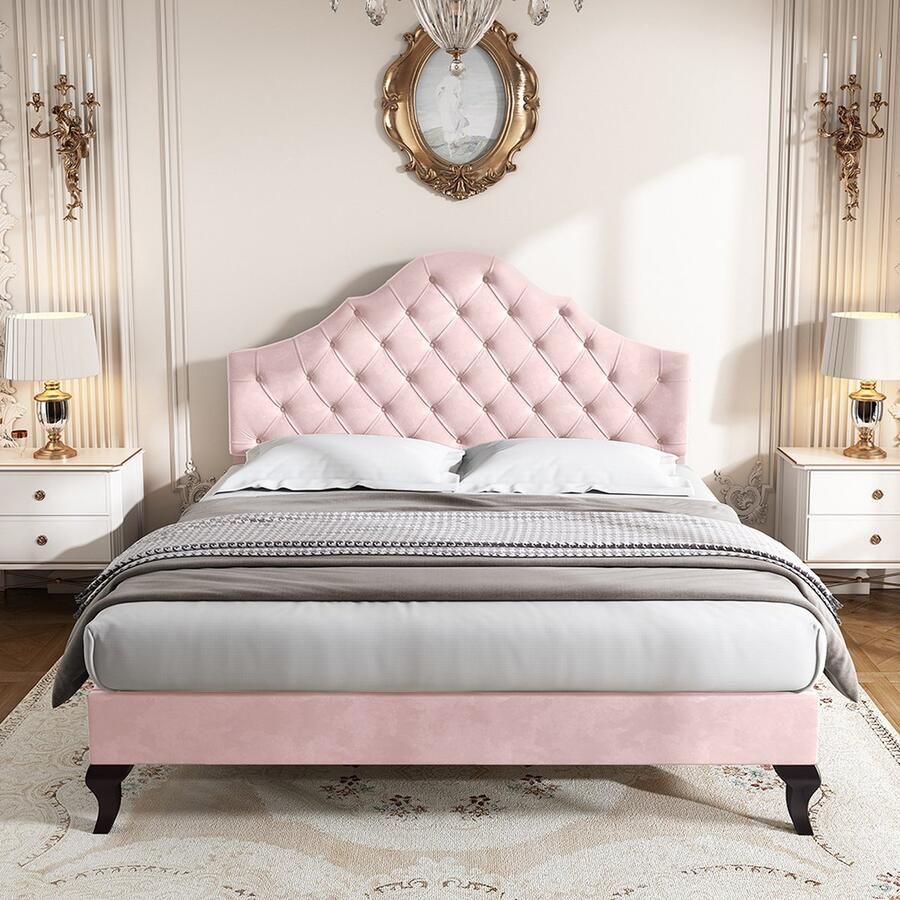 KOMHTOM Bed volwassenen Tweepersoonsbed 140x200 cm met lattenbodem met in hoogte verstelbaar hoofdbord roze fluweel