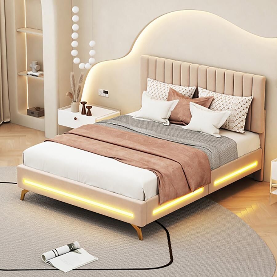 KOMHTOM Bed Volwassenenbed 140x200 cm tweepersoonsbed met ledverlichting en lattenbodem met verstelbaar hoofdeinde beige