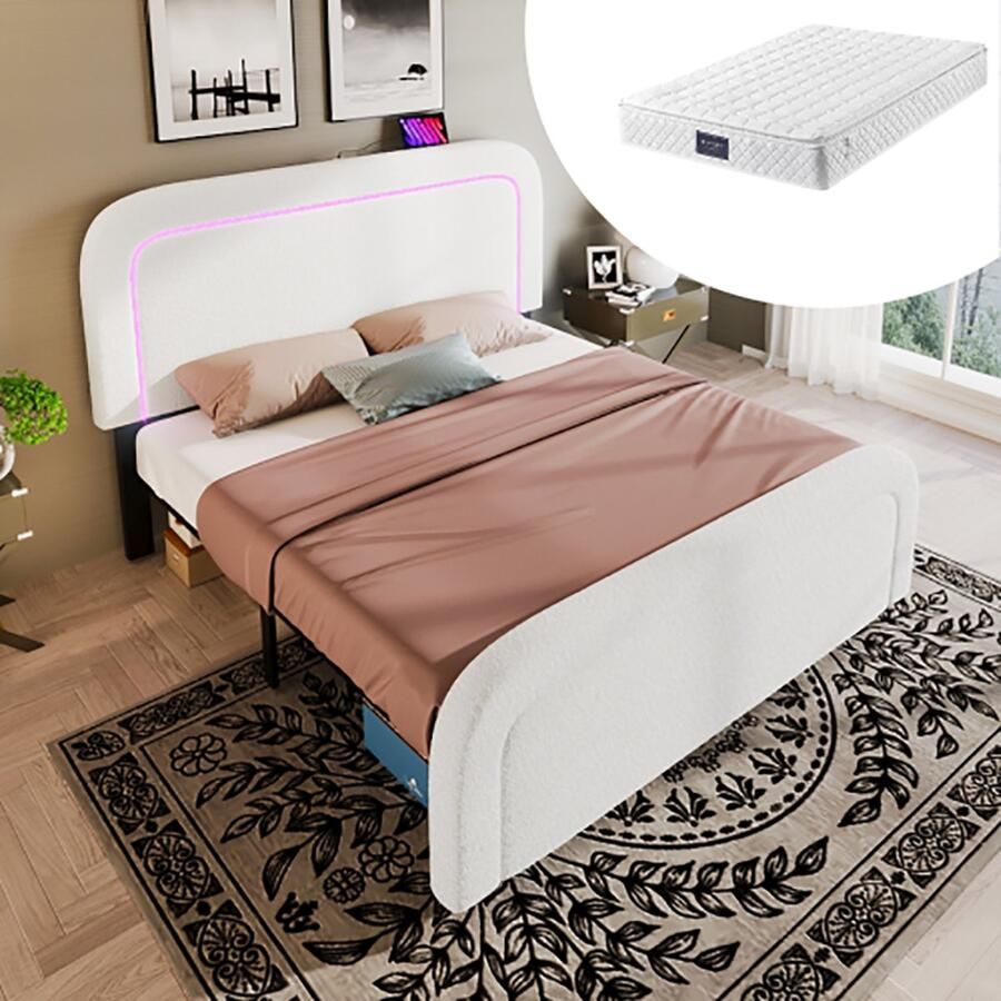 KOMHTOM Bed Volwassenenbed 160x200 cm met USB Type C LED verlichting in hoogte verstelbaar hoofdbord wit met matras