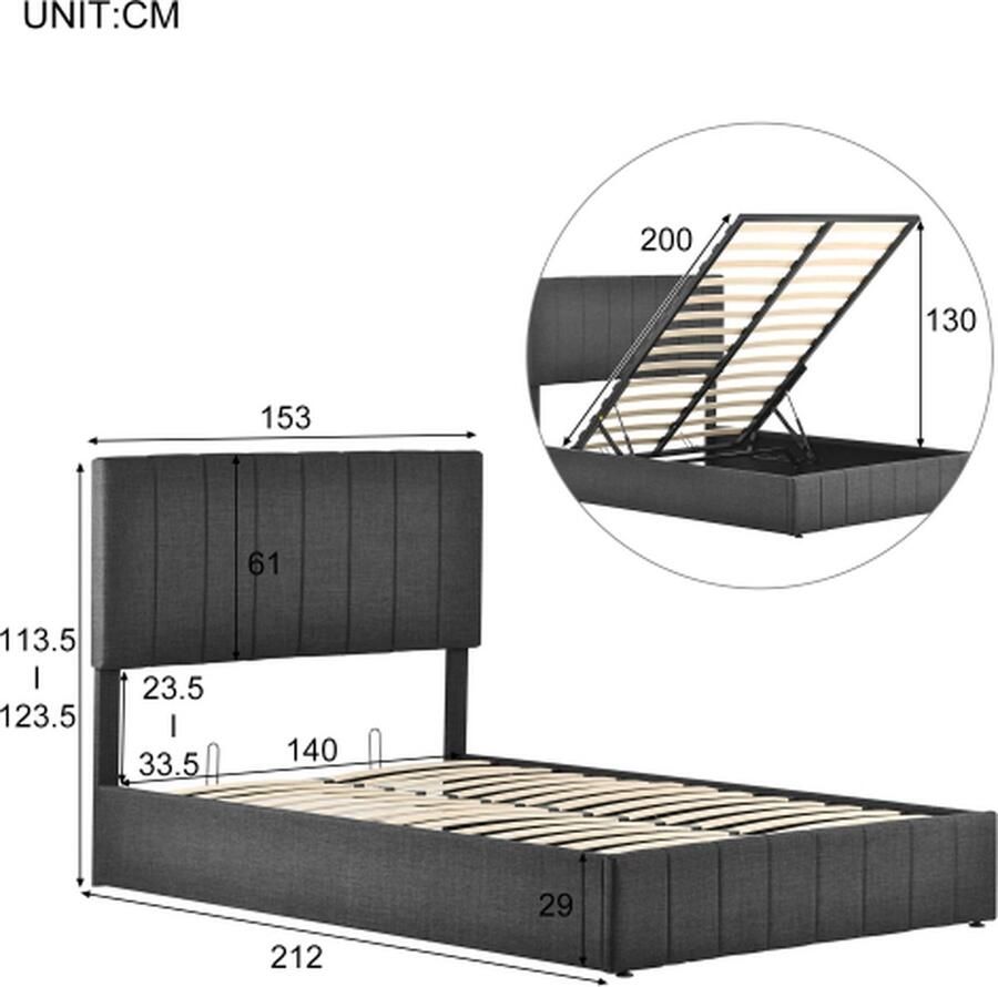 KOMHTOM Bed voor volwassenen Tweepersoonsbed 140x200 cm Lattenbodem Moderne bedombouw met grote opbergruimte Grijs - Foto 2