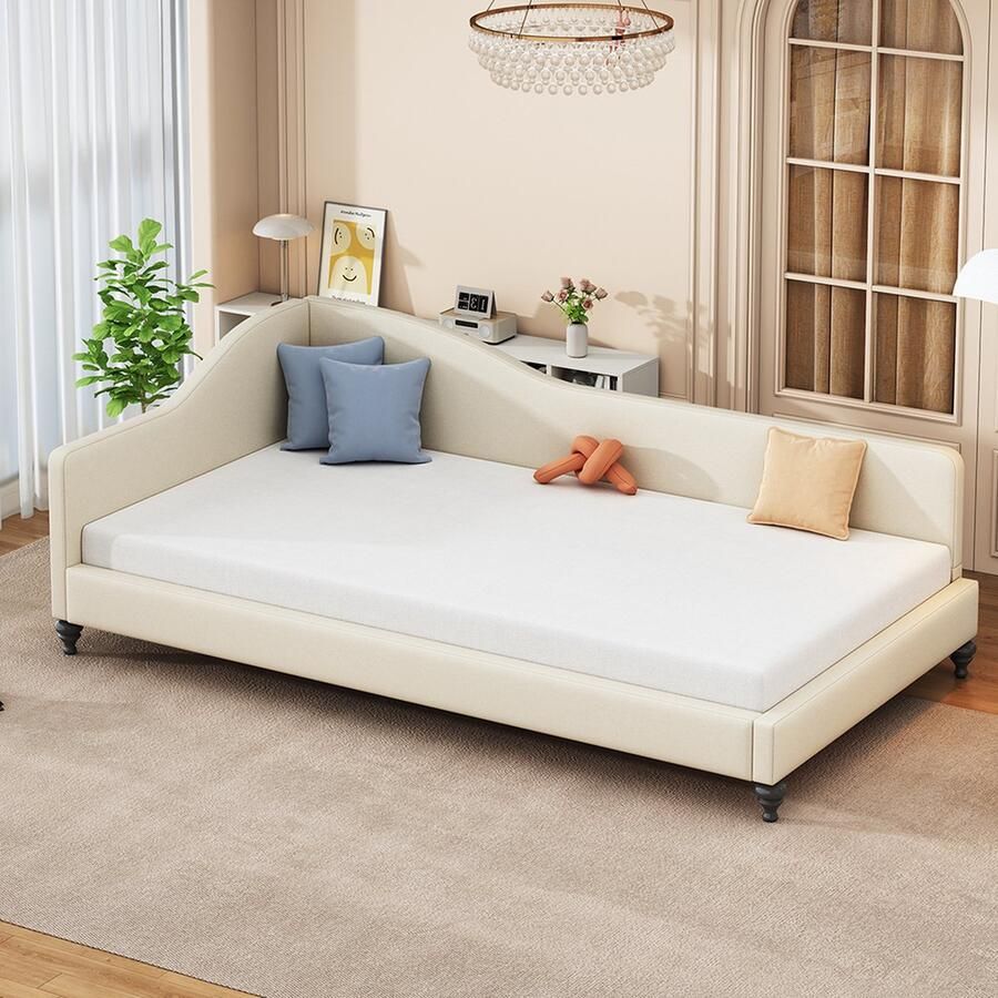 KOMHTOM Bedbank Gestoffeerd bed Slaapbank 90x200 met lattenbodem en huidvriendelijke linnen stof Beige