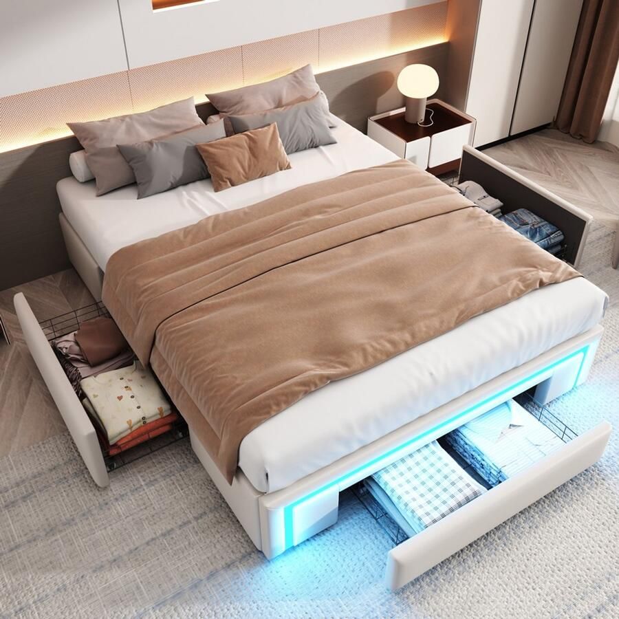 Pugsdrly Bedbodem 140X200 met lades PU-lederen bed zonder hoofdeinde Met LED-lichtstrip metalen lattenbodem Platformbed voor moderne slaapkamer Beige
