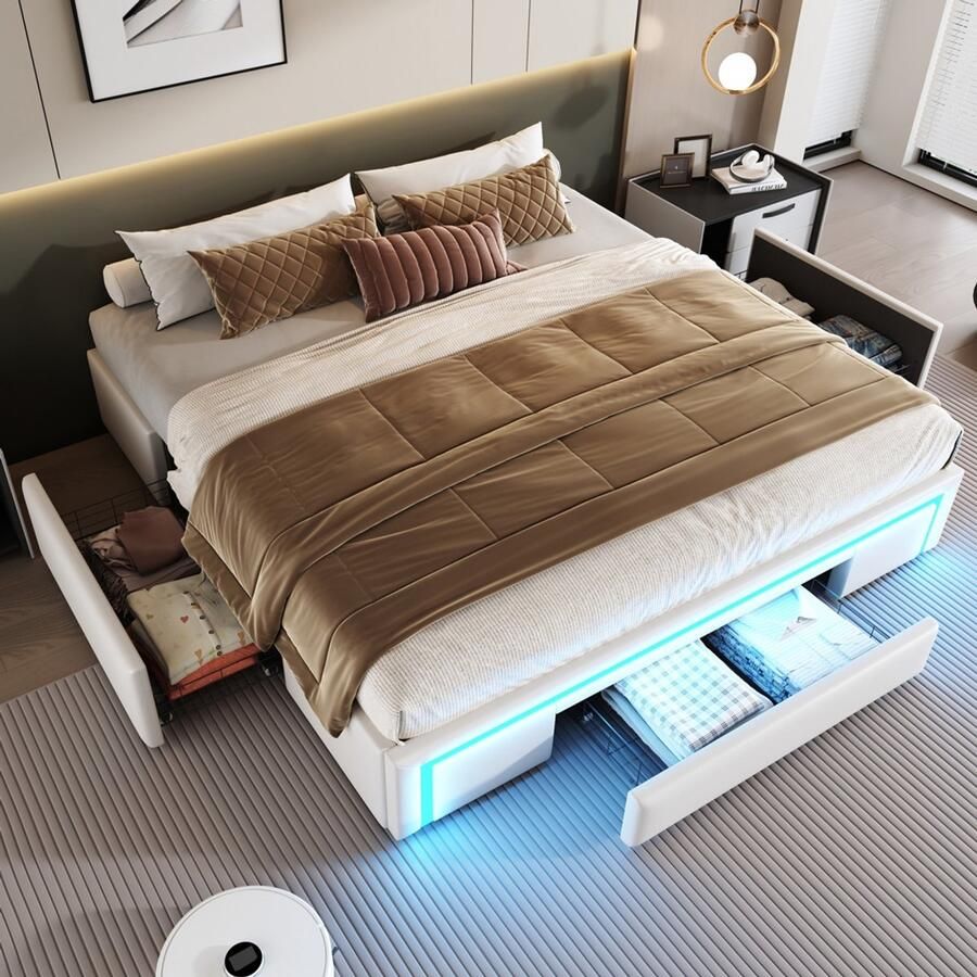 KOMHTOM Bedbodem 180X200 met lades PU-lederen bed zonder hoofdeinde met LED-lichtstrip platformbed met metalen lattenbodem voor moderne slaapkamers beige