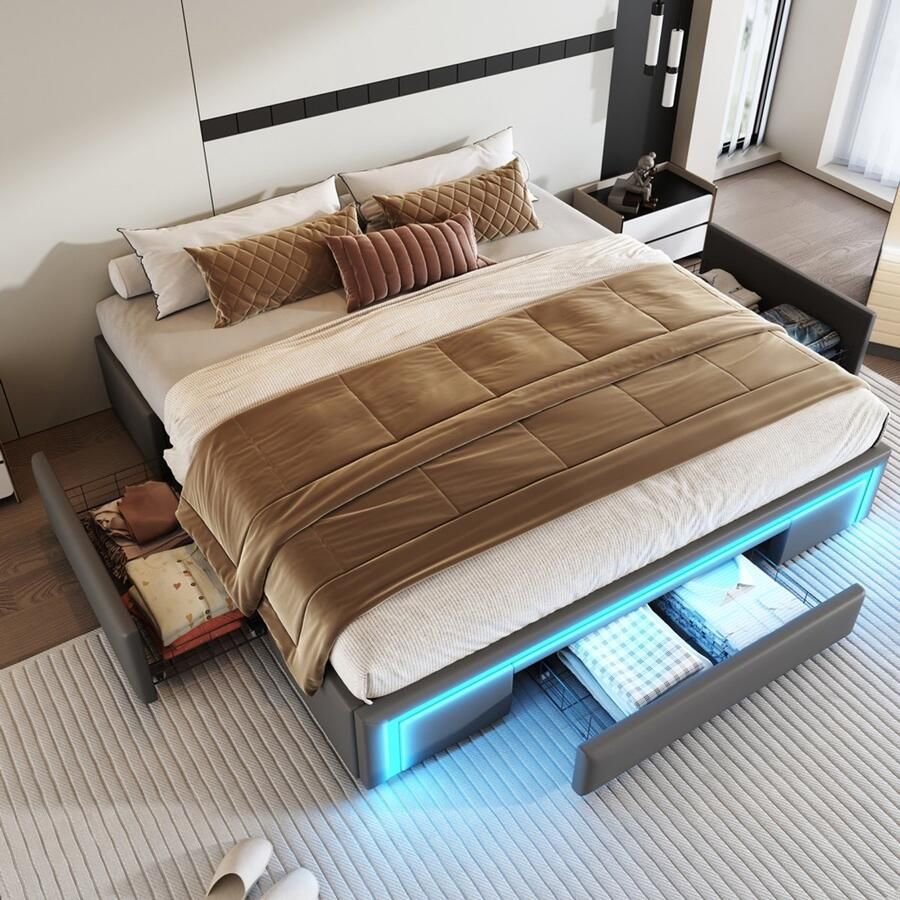 Pugsdrly Bedframe Serie Platformbed 180x200 cm Met lades Met LED-lichtstrip Zonder hoofdeinde In PU-leer Met metalen lattenbodem Voor moderne slaapkamers Grijs