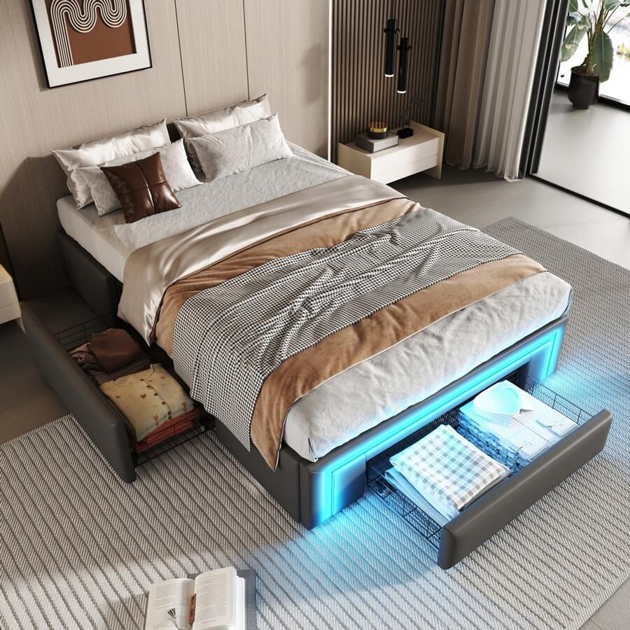 Pugsdrly Bedbodem 90X200 met lades PU-lederen bed zonder hoofdeinde Met LED-lichtstrip metalen lattenbodem Platformbed voor moderne slaapkamer Grijs