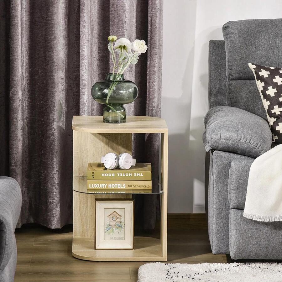 KOMHTOM Bijzettafel Design Tafeltje Eigentijdse stijl Bijzettafel met plank Gehard glas Natuurlijk hout