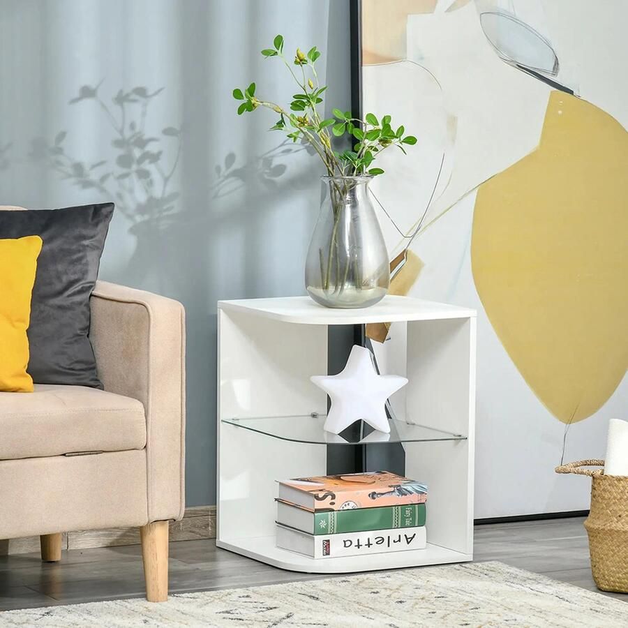 KOMHTOM Bijzettafel in eigentijds design bijzettafeltje eettafel plank wit gehard glas