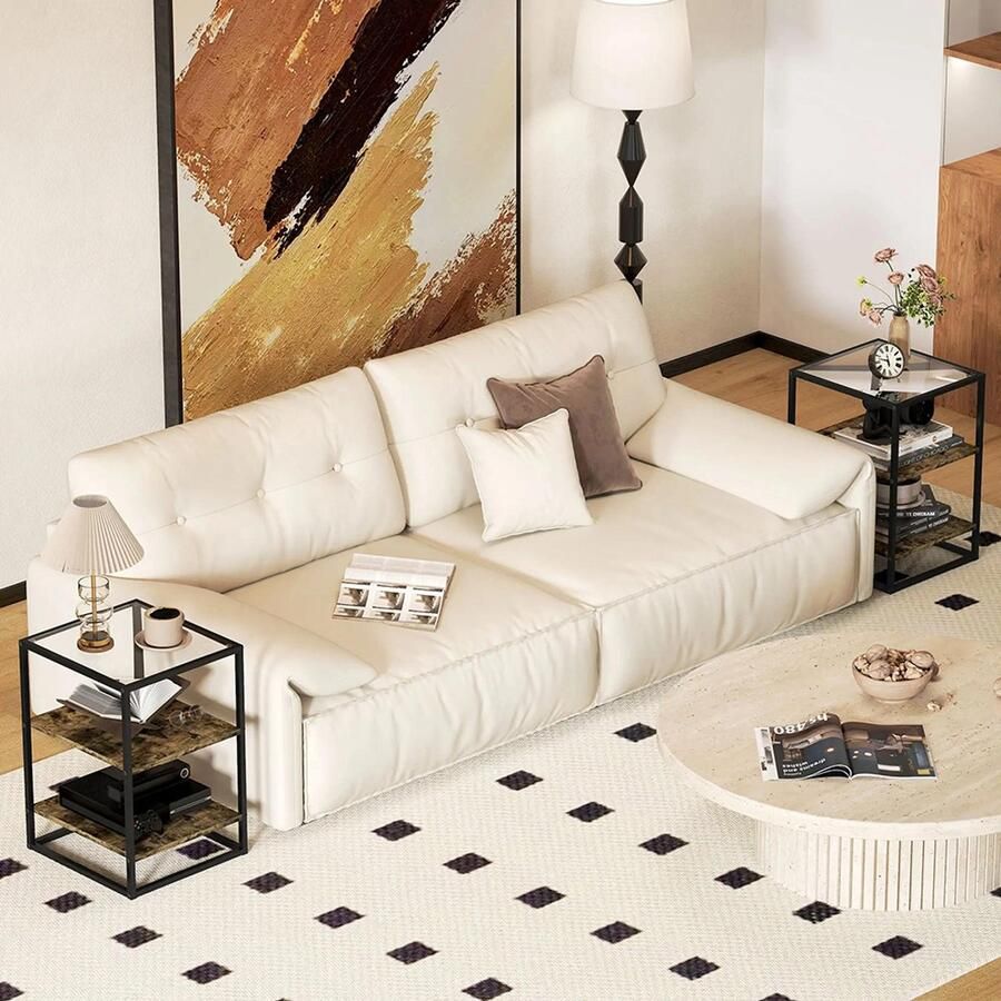 KOMHTOM Bijzettafels set van 2 nachtkastjes met 3 niveaus en blad van gehard glas 37 x 40 x 555 cm rustiek bruin