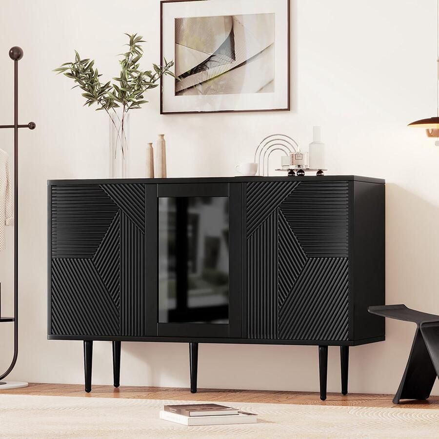 KOMHTOM Commode Ladekast met 3 deuren met metalen poten en glazen deuren zwart