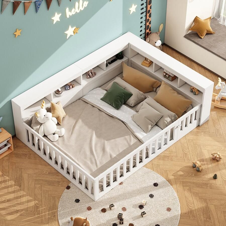 KOMHTOM Dagbed 140*200 cm dagbed slaapbank bedzijde met opbergvak bed met lattenbodem (zonder matras) balustrade spaanplaat met stopcontact en USB wit