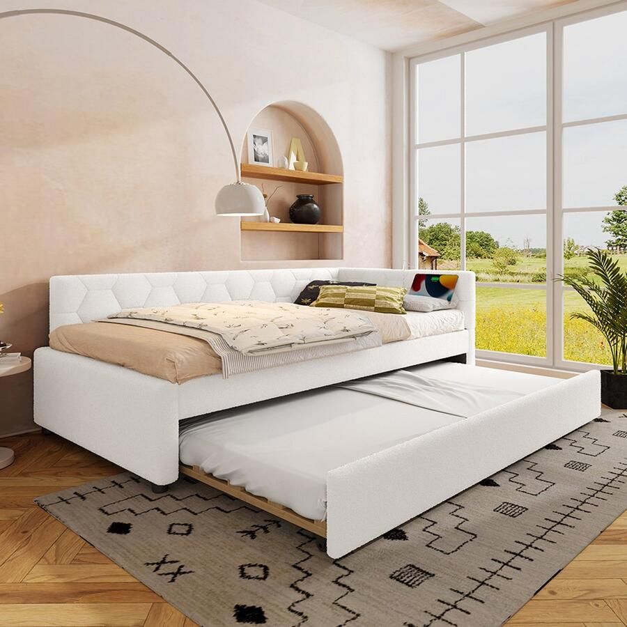 KOMHTOM Dagbed 90*200 cm Dagbed slaapbank bed met lattenbodem (zonder matras) met bedlampje met multifunctioneel uitschuifbaar bed USB-poort type C comfortabel materiaal imitatiepool wit