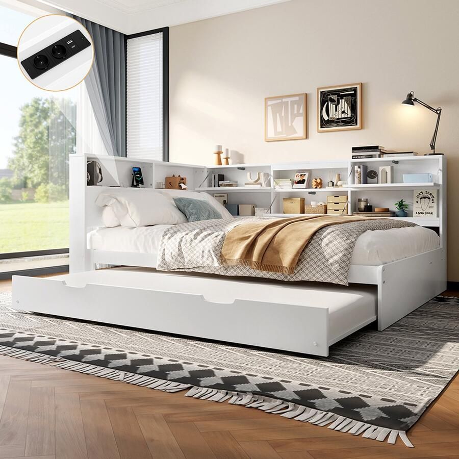 KOMHTOM Dagbed slaapbank 140 x 200 cm hoofdeinde met opbergvak uitschuifbaar bed zonder matras wit