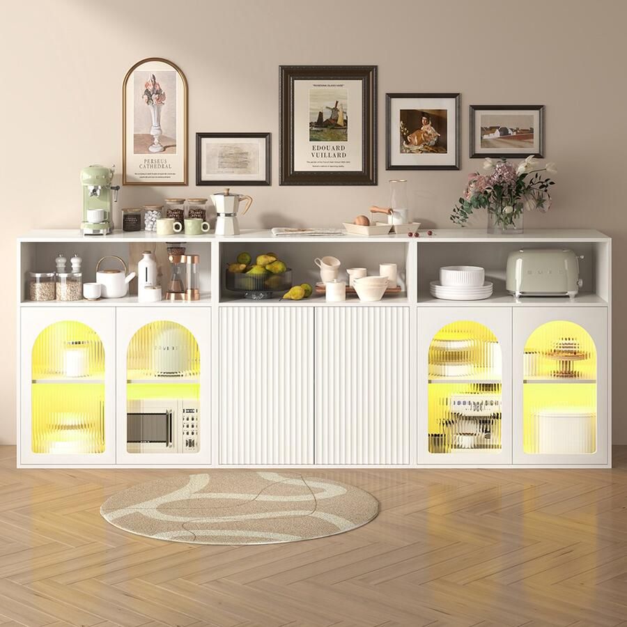 KOMHTOM Dressoir Buffetkast Halkast opbergkast met glazen deur en LED houten blisterdeur voor keuken en woonkamer Wit