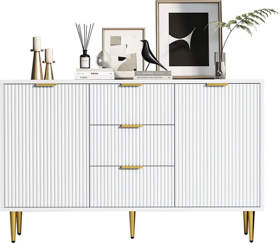 KOMHTOM Dressoir en goud dressoir 2 deuren3 laden 120x40x75 cm Wit