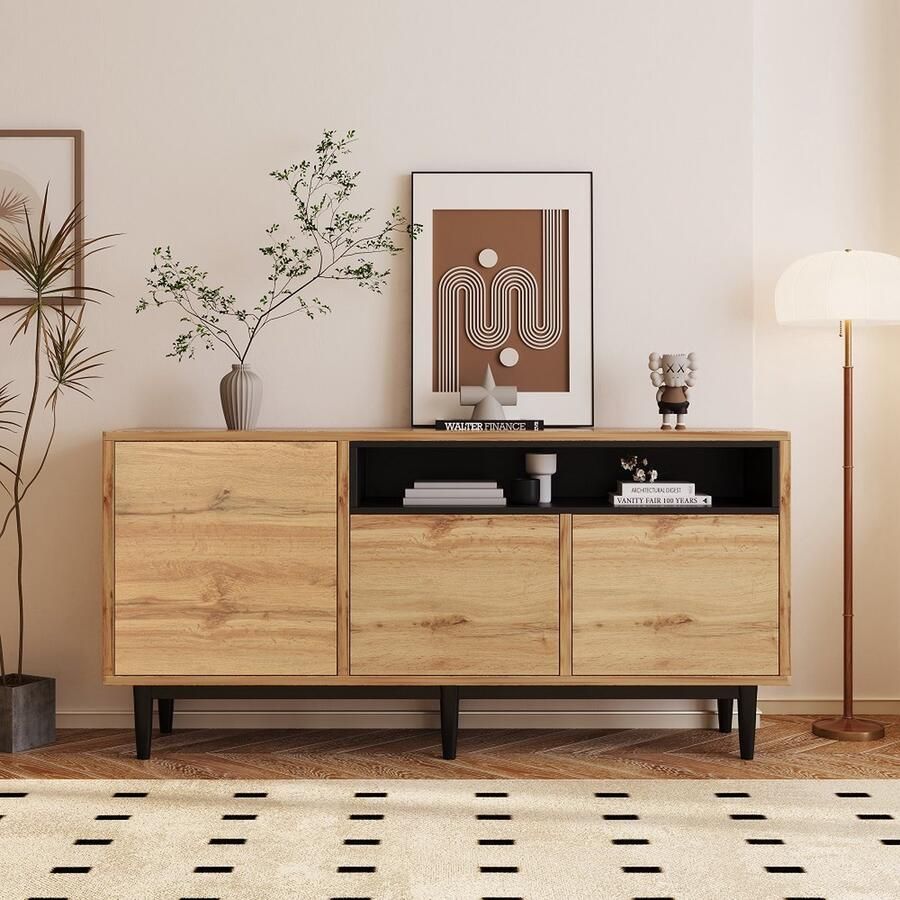 KOMHTOM Kast Dressoir houten dressoir met drie deuren en planken