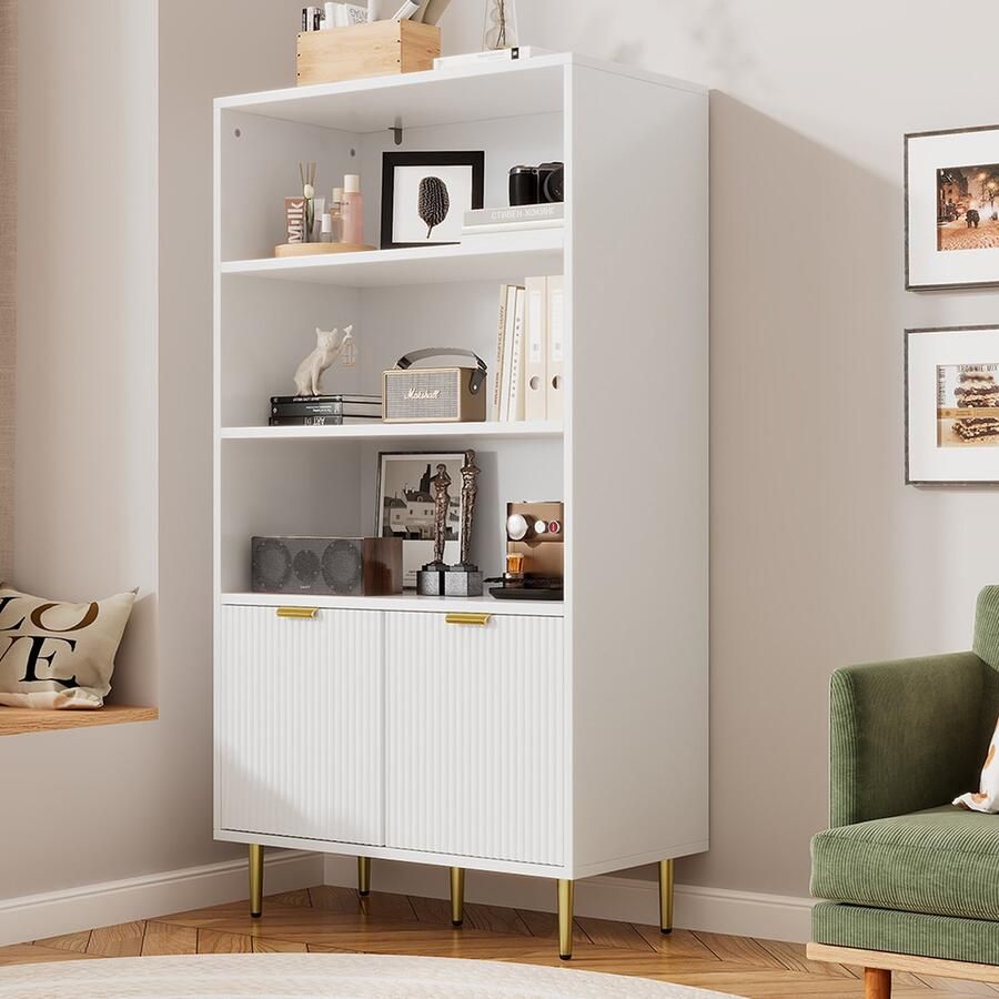 KOMHTOM Dressoir kast met gouden ornamenten 2 deuren 3 vakken voor open opbergruimte 80x40x140 cm Wit