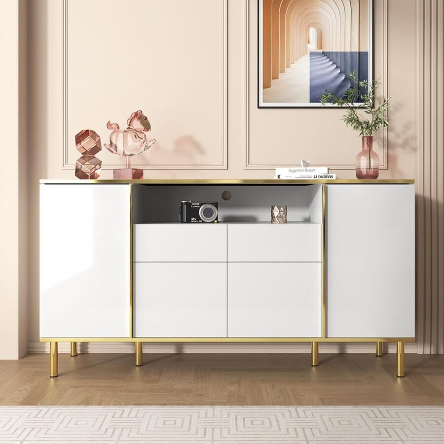 KOMHTOM Dressoir met 2 laden slaapkamer ladekast hoogglans wit buffetkast B150 T40 H80 cm