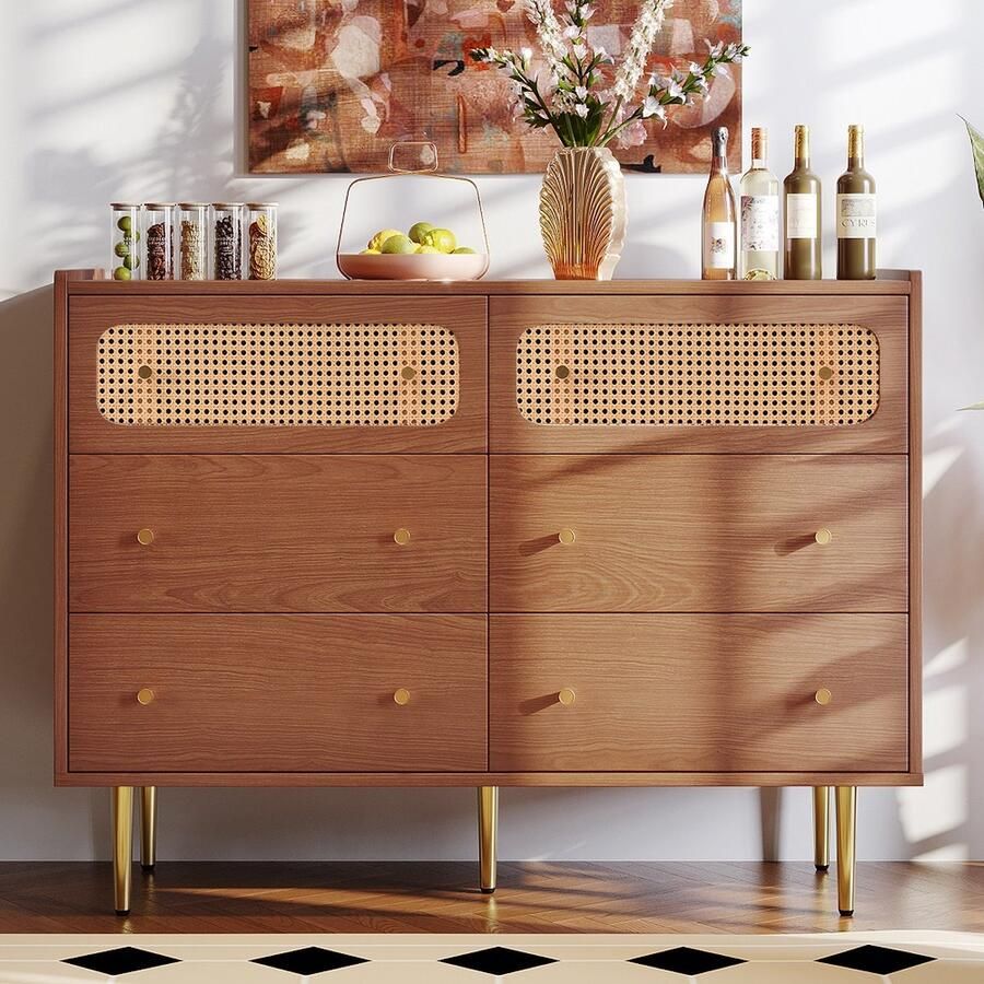 KOMHTOM Dressoir met 6 laden rotan Dressoir Highboard voor slaapkamer alle woonruimtes Bruin