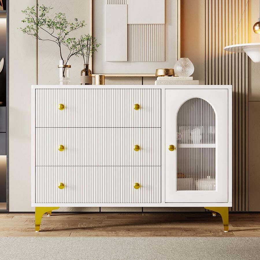 KOMHTOM Dressoir met glazen deur Gouden handgrepen en pootjes Wit