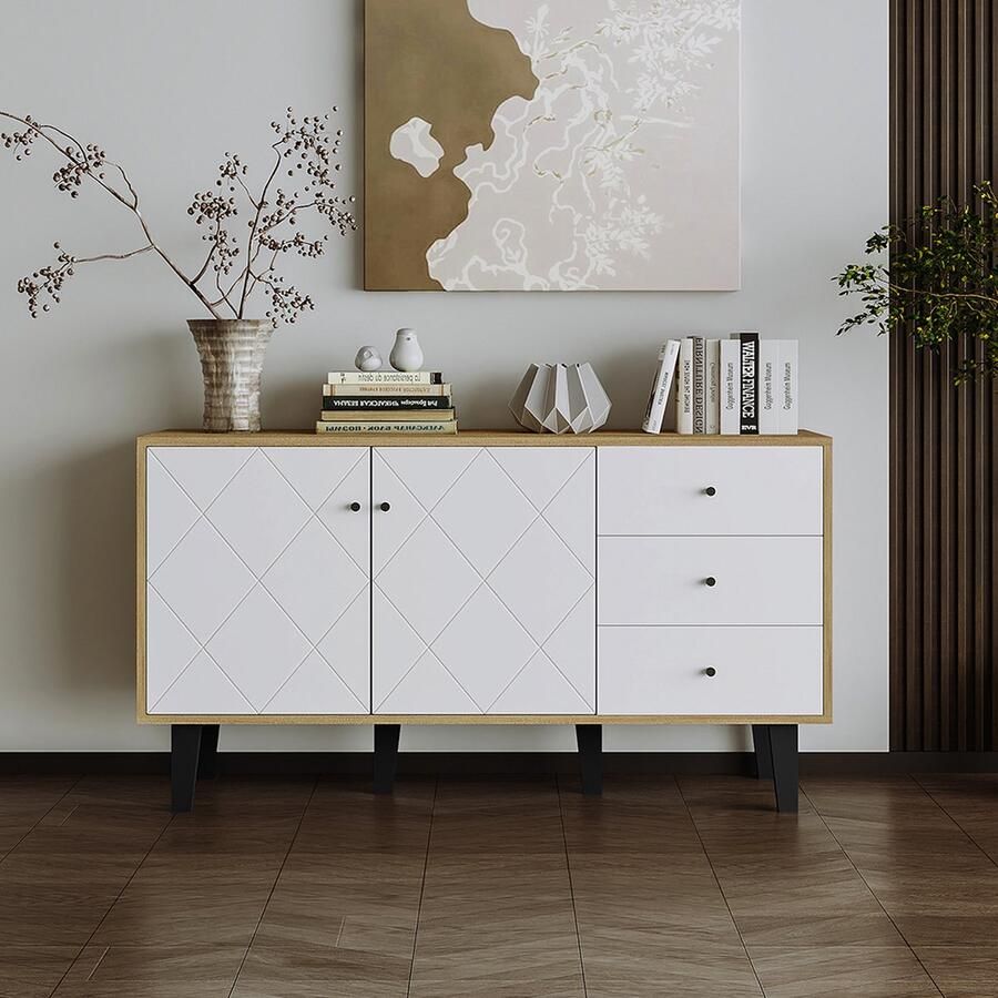 KOMHTOM Dressoir met grote opbergruimte twee deuren en drie laden met een verstelbare plank wit