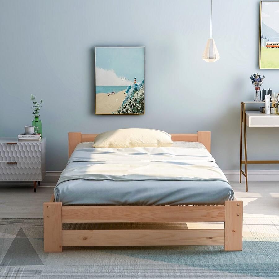 KOMHTOM Eenpersoonsbed 200x90 cm Volwassenenbed Massief houten bed met hoofdeinde en lattenbodem Natuurlijk