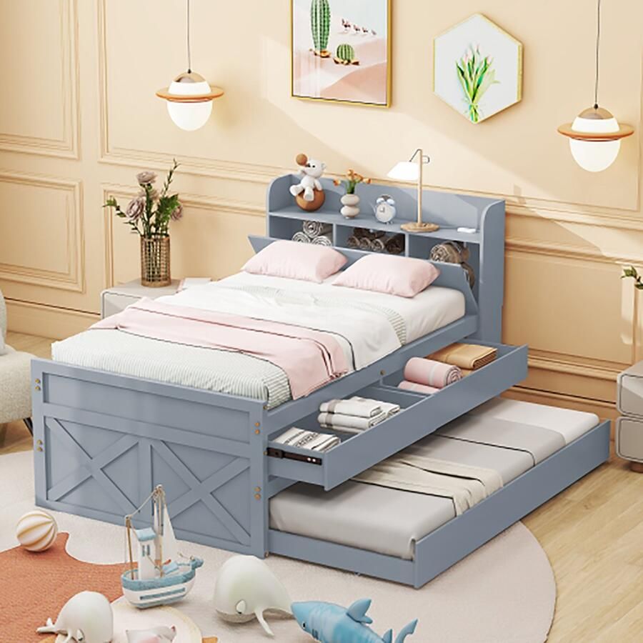 KOMHTOM Eenpersoonsbed 90x190 met schuiflade lattenbodem nachtkastje met USB grijs extra bed