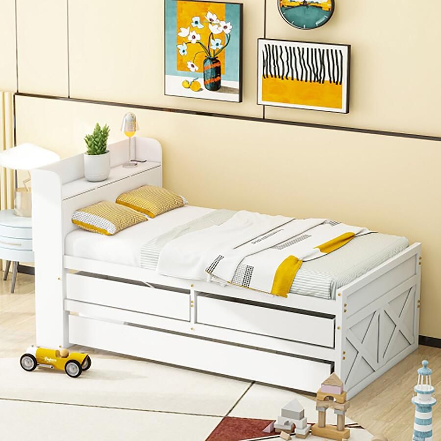 KOMHTOM Eenpersoonsbed 90x190 met schuiflade lattenbodem nachtkastje met USB wit extra bed