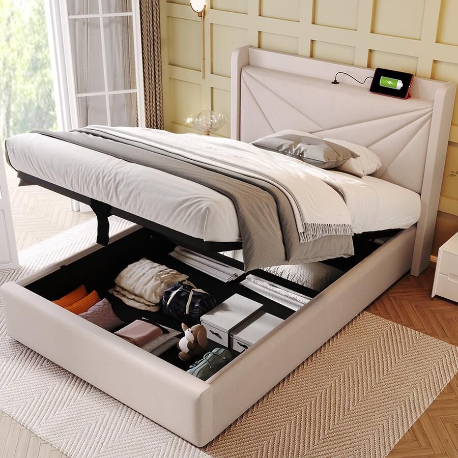 KOMHTOM Eenpersoonsbed 90x200 cm bed Commode Opbergbed Hoofdbord met USB-oplaadfunctie Beige