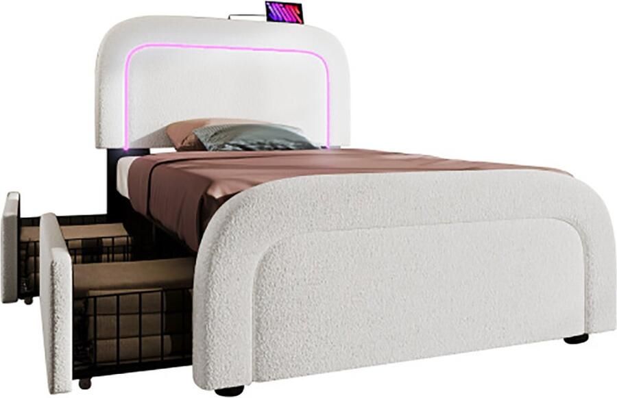 KOMHTOM Eenpersoonsbed 90x200 cm Bed volwassene met 2 laden met LED verlichting in hoogte verstelbaar hoofdbord wit met matras