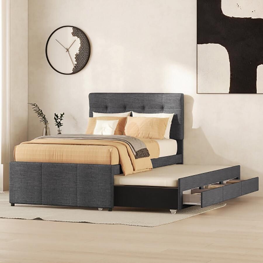 KOMHTOM Eenpersoonsbed 90x200 cm Bed voor volwassenen Gestoffeerd met drie laden Verstelbaar hoofdeinde onderschuifbed grijs