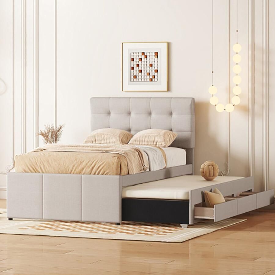 KOMHTOM Eenpersoonsbed 90x200 cm Bed voor volwassenen Gestoffeerd met drie laden Verstelbaar hoofdeinde onderschuifbed Beige