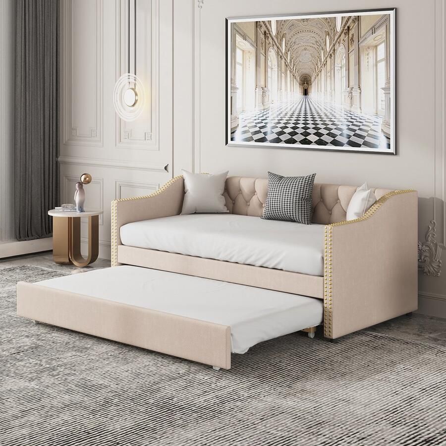 KOMHTOM Eenpersoonsbed 90x200 cm Bedbank volwassenen Slaapbank met twee uitneembare lades Beige linnen