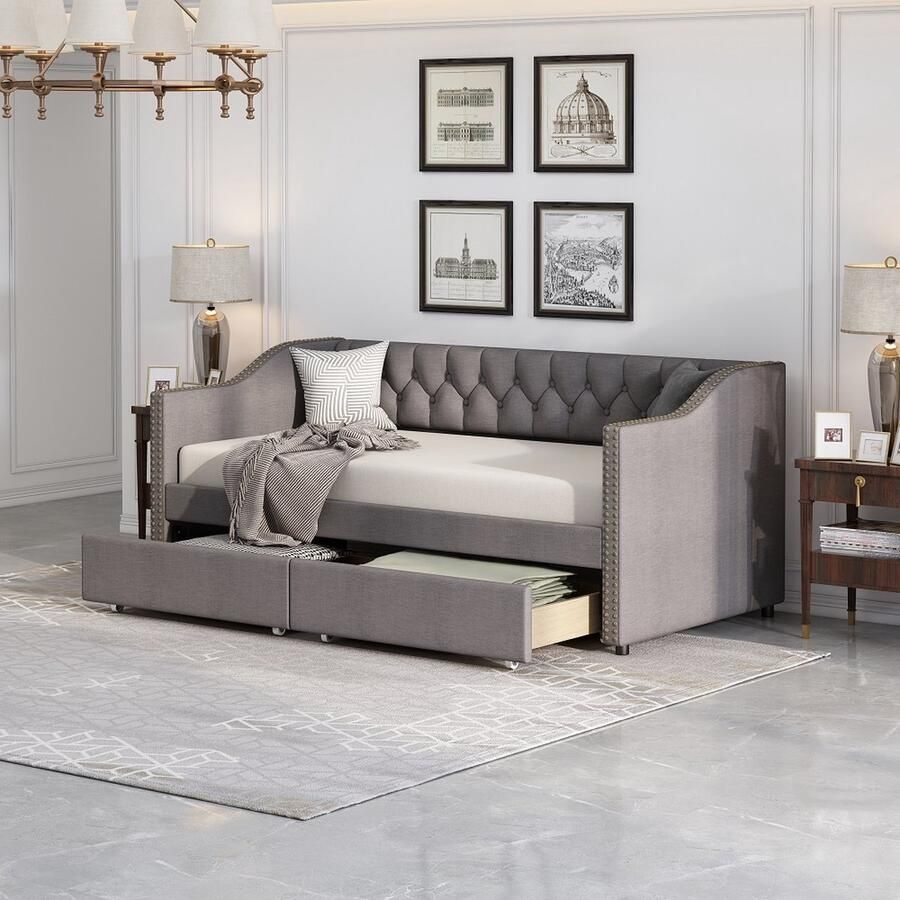 KOMHTOM Eenpersoonsbed 90x200 cm Bedbank volwassenen Slaapbank met twee uitneembare lades Grijs linnen