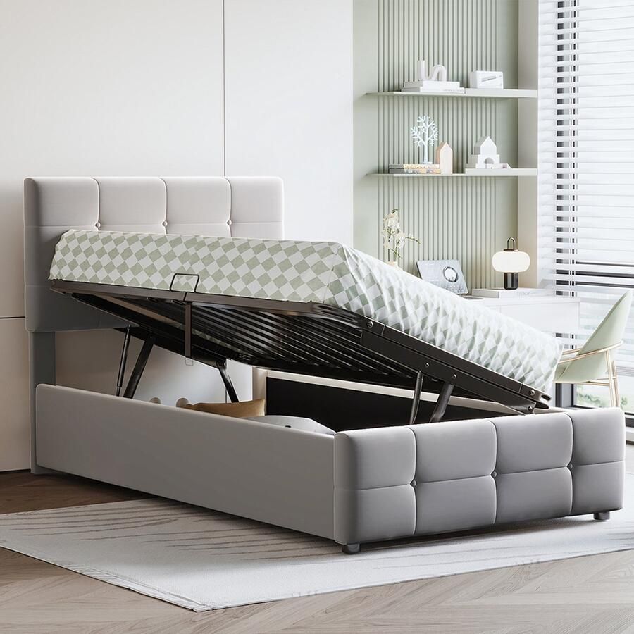 KOMHTOM Eenpersoonsbed 90x200 cm Hydraulisch opbergbed In hoogte verstelbaar hoofdbord Fluwelen Grijs