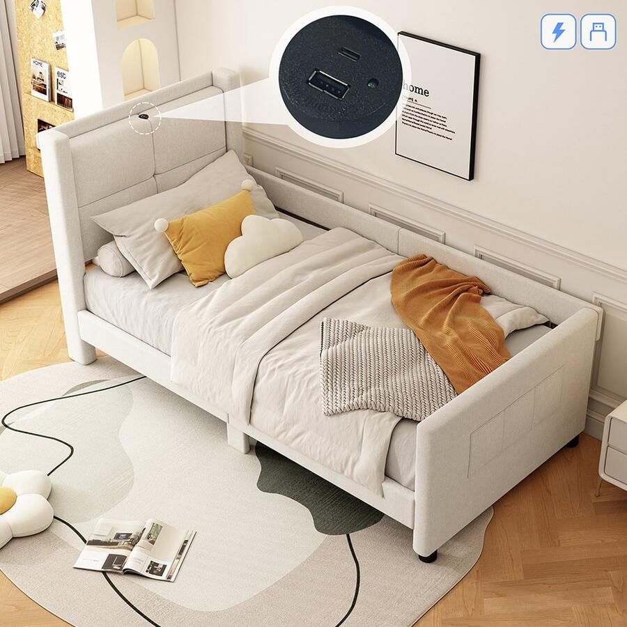 KOMHTOM Eenpersoonsbed 90x200 cm Volwassen bed met USB-aansluiting beige