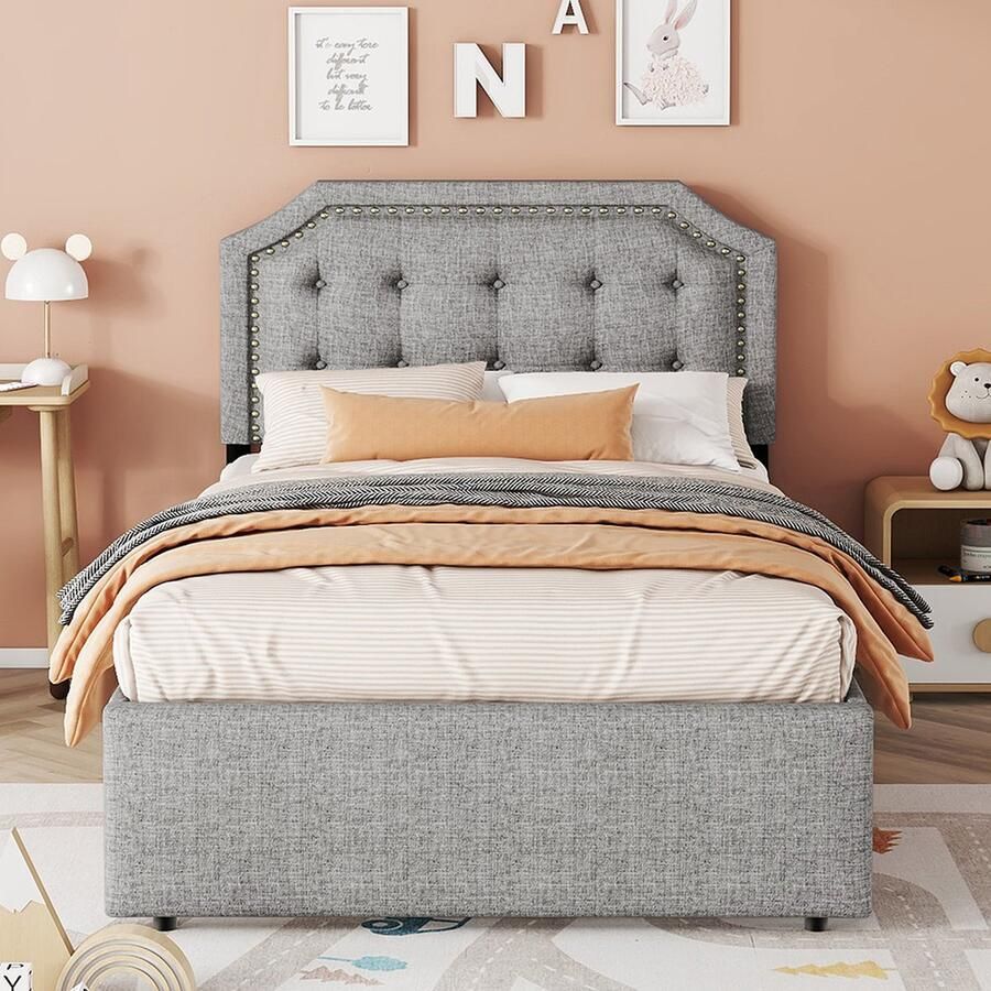 KOMHTOM Eenpersoonsbed 90x200 cm Volwassenen bed met 2 laden sierrand Grijs decoratieve klinknagels