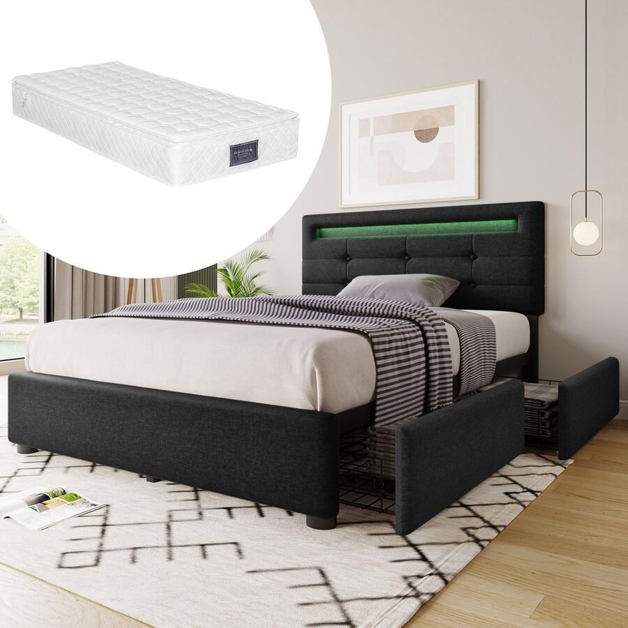 KOMHTOM Eenpersoonsbed 90x200cm Bed met laden In hoogte verstelbaar met LED-verlichting en 2 laden Zwart met matras