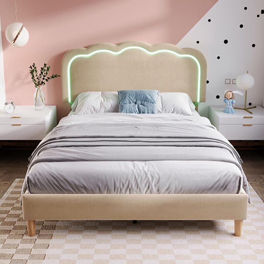 KOMHTOM Eenpersoonsbed Bed LED volwassenen 90x190 cm met lattenbodem en verstelbaar hoofdeinde gestoffeerd bed beige