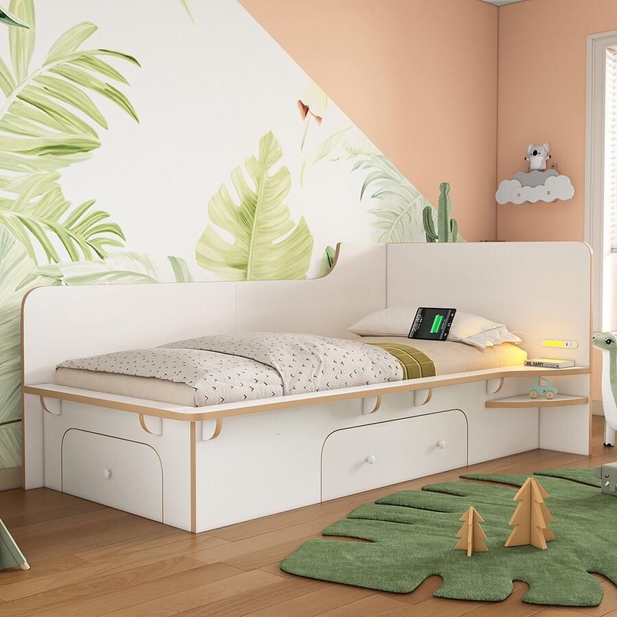 KOMHTOM Eenpersoonsbed Volwassen bed Kinderbed 90x200 cm met leeslampje USB en type C en 2 lades Antislip design Hout Wit