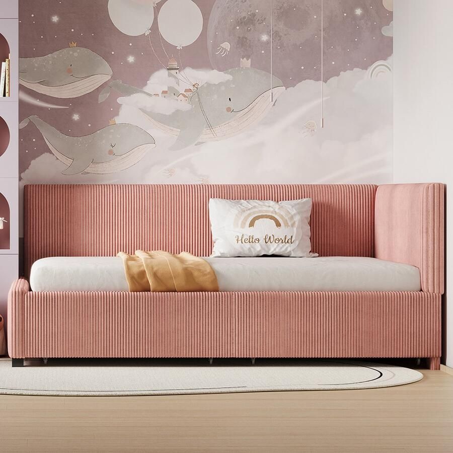 KOMHTOM Eenpersoonsbed Volwassen bed slaapbank 90 x 200 cm met 2 grote opberglades en hout lattenbodem Roze