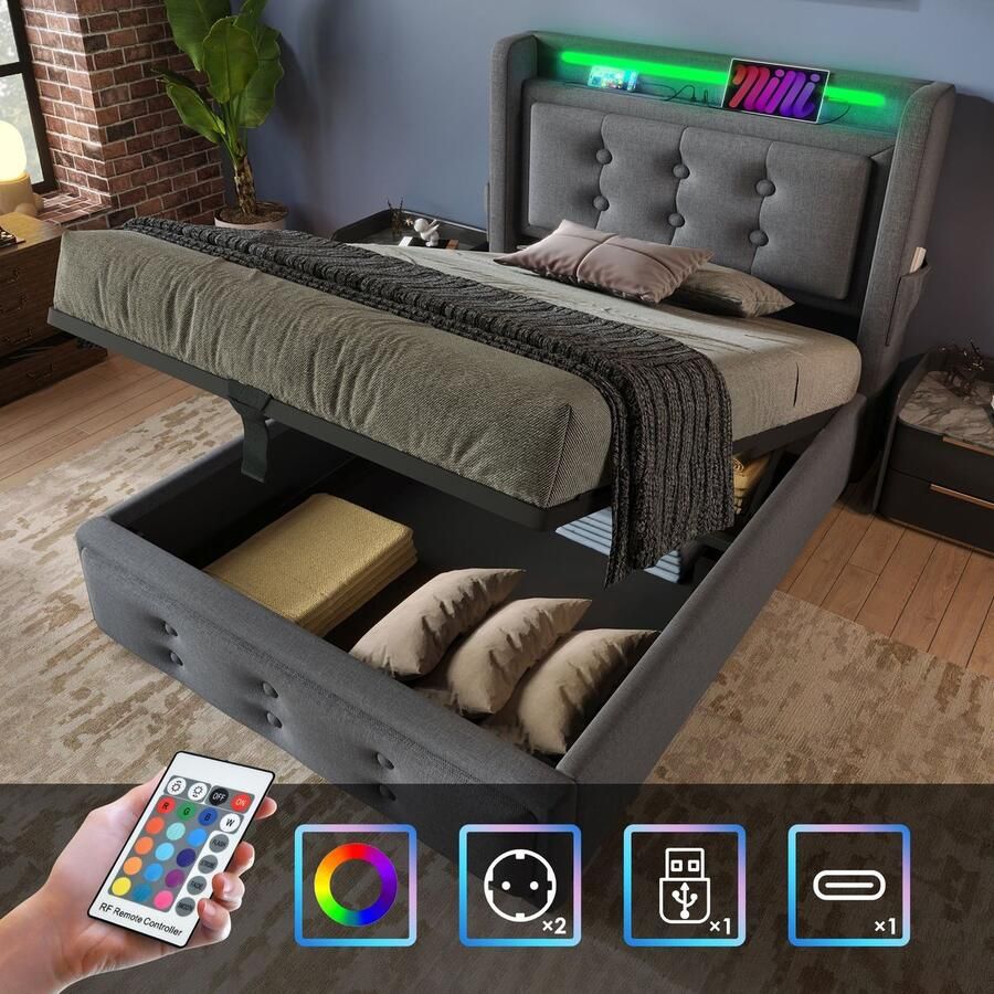 KOMHTOM Eenpersoonsbed Volwassen hydraulisch bed 90x200 cm met Led-hoofdbord en USB C-oplaadfunctie met Lattenbodem Linnen Grijs