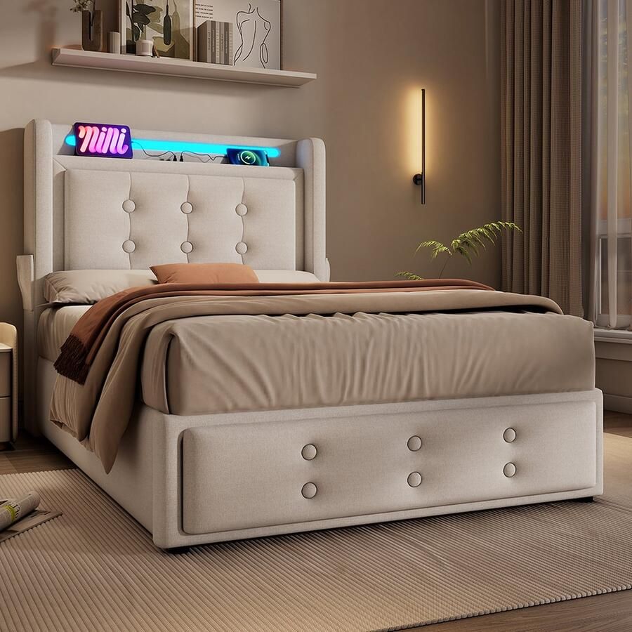 KOMHTOM Eenpersoonsbed Volwassen hydraulisch bed 90x200 cm met Led-hoofdbord en USB C-oplaadfunctie met Lattenbodem Linnen Beige