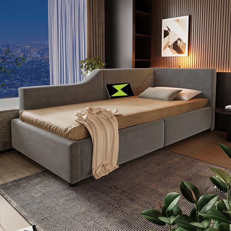 KOMHTOM Eenpersoonsbed Volwassen hydraulisch bed Kinderbed 90x190 met opbergruimte met leeslampje Fluweel Grijs